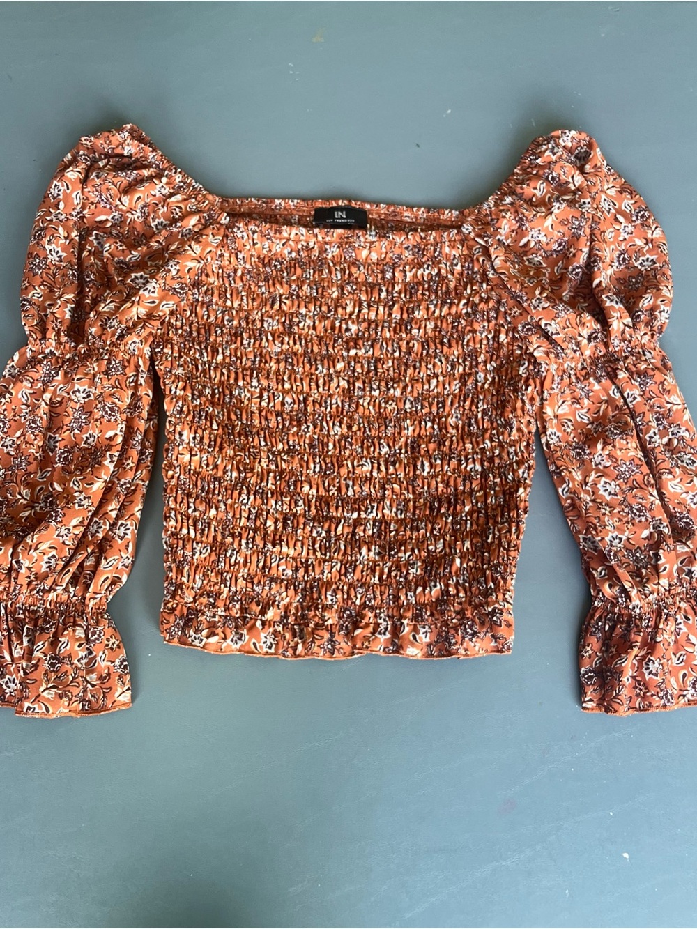 Orange Floral Smocked Puff Sleeve Top